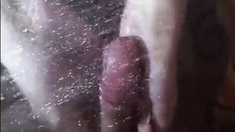 Long nails play with cock and blowjob under the shower