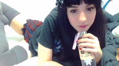 Sexy brunette wearing stockings masturbates webcam
