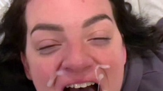 Blond slut fucks and sucks big cock to get a facial cumshot