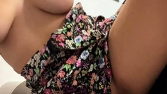 Busty curly brunette with big boobs fucks on couch