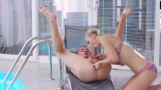 Sexy ash-blonde damsel performs an erotic rimjob while
